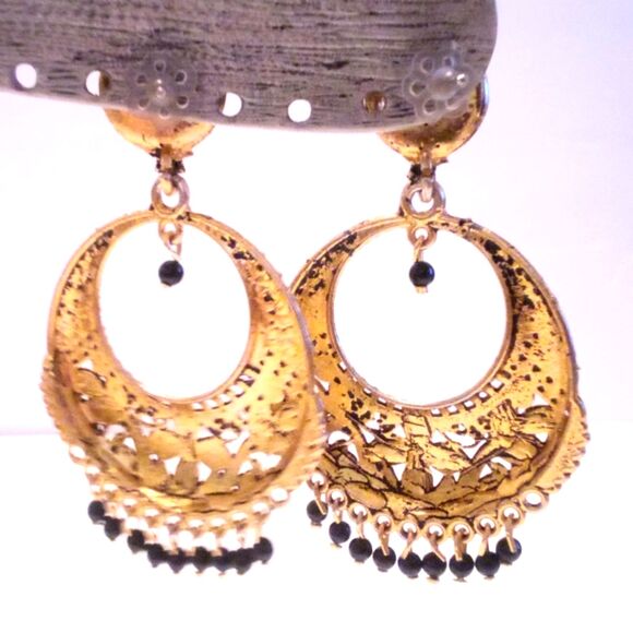 Boho Inspired Gold Tone Black Beaded Drop Hoop Earrings - Picture 3 of 4